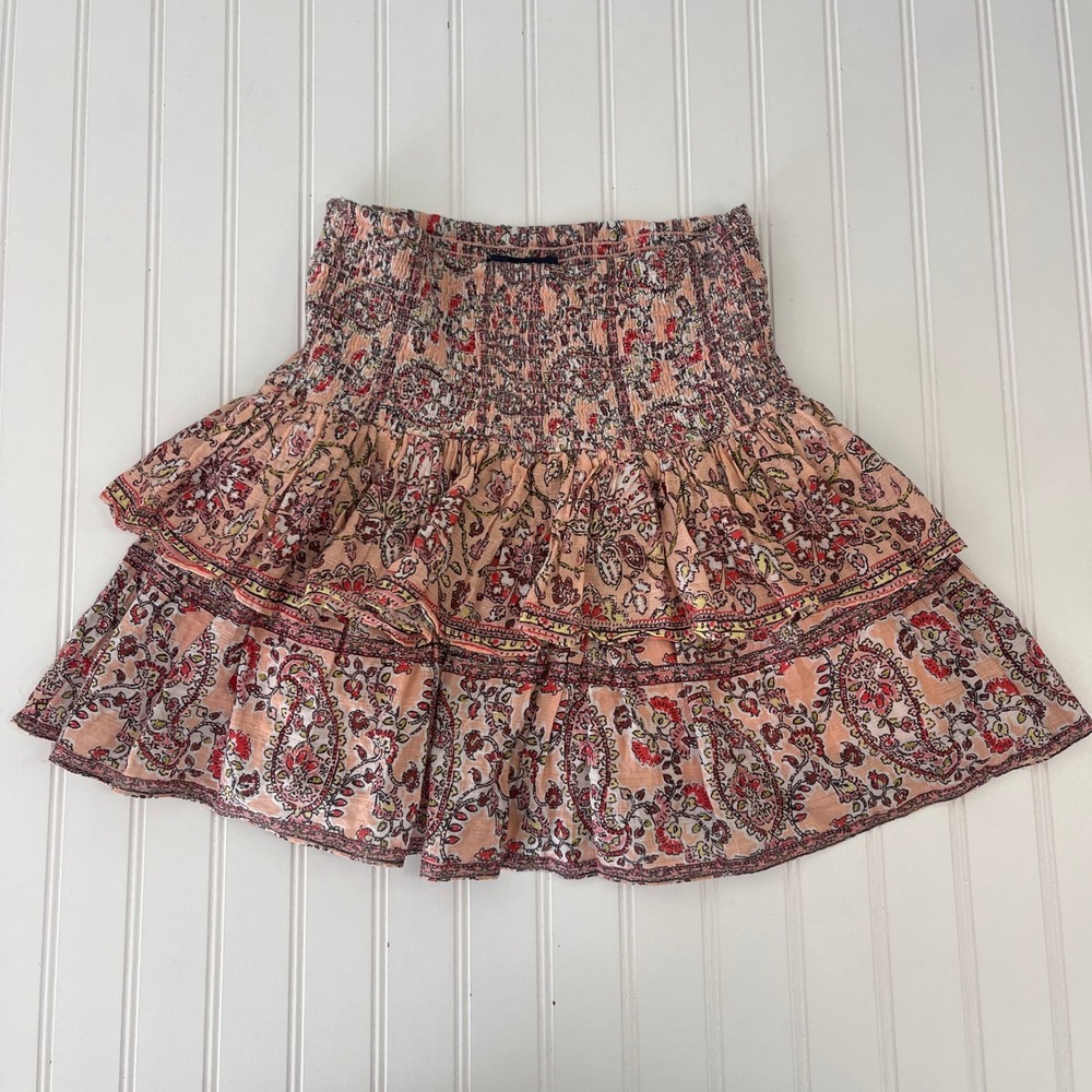 French Connection Peach Paisley Smocked Tiered Mini Skirt Metallic Boho Size 0
